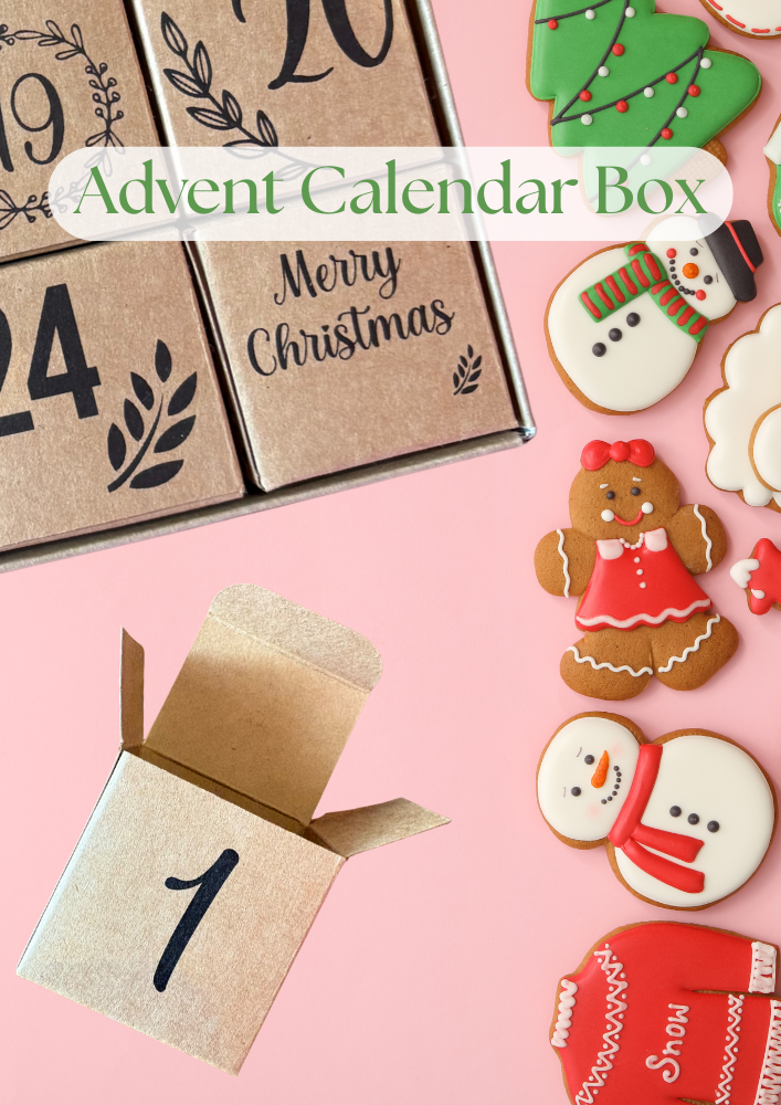 Christmas Advent gift box filled with handcrafted mini cookies, individually wrapped for each day of December. A festive, family-friendly treat that blends artisanal baking with joyful gifting — perfect for holiday countdowns, teacher gifts, and seasonal celebrations.